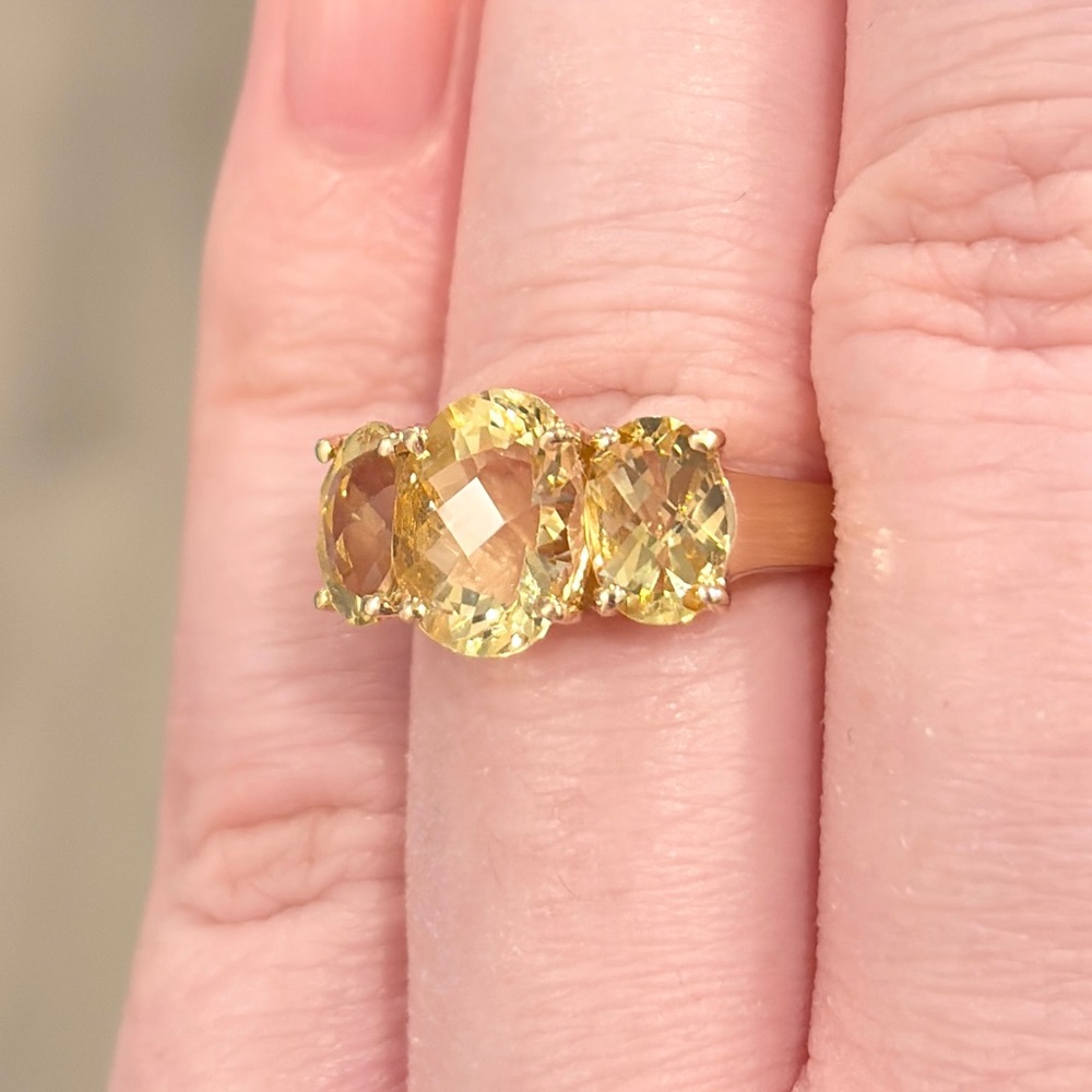 14K Golden Yellow Scapolite Ring Three Stone Oval Rose Cut 6.25 Clyde Duneier - Picture 10 of 16